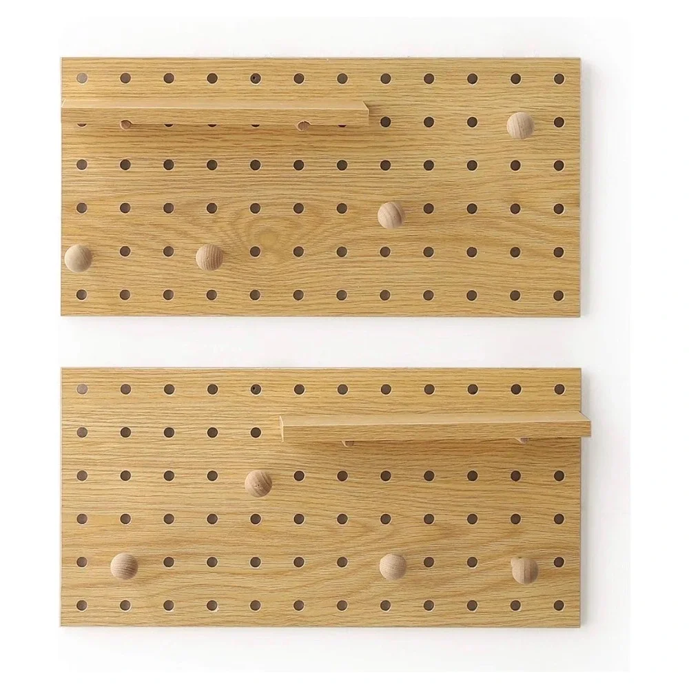Wooden Pegboard Wall Organizer Set Modular Oak Finish Entryway Storage Shelves